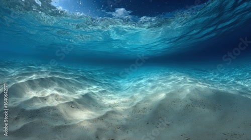 Underwater Paradise: Tranquil Ocean Scene with Sandy Seabed and Sunlight Filtering Through Clear Water