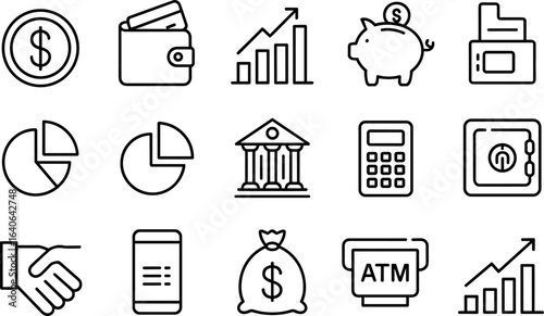 Collection of hand drawn financial icons representing money management and banking services
