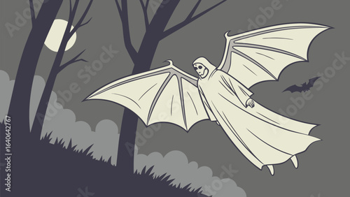 A cloaked winged figure with a skull face soars through a dark moonlit forest with a small bat in the distance