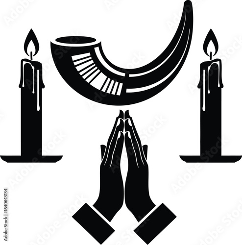 Praying hands with shofar and candles, spiritual symbolism