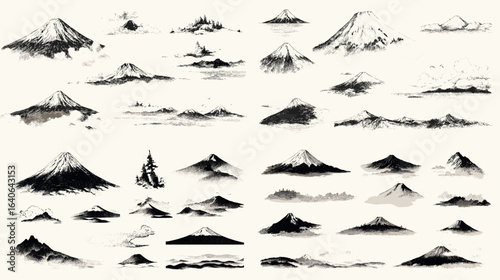 Traditional ink sketch illustrations of Mount Fuji and mountain landscapes, Japanese sumi-e brush painting style artwork set.