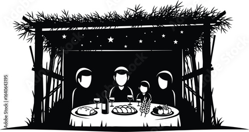 Family gathers for festive meal under starry sky
