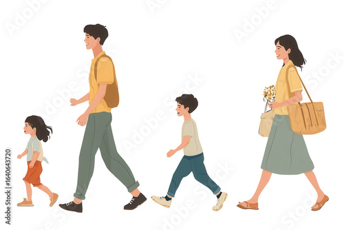 Family stroll with children enjoying a walk in casual clothes on a sunny day