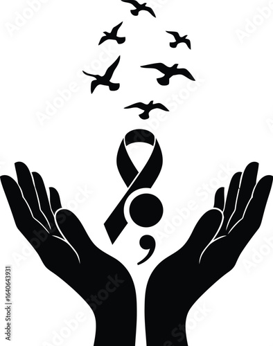 Hands hold semicolon ribbon, birds fly upwards for hope