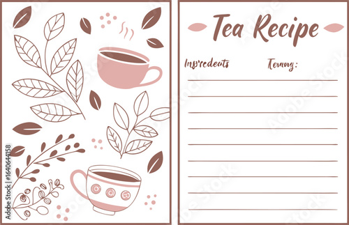 Charming tea recipe card with botanical illustrations and lined space for ingredients and instructions