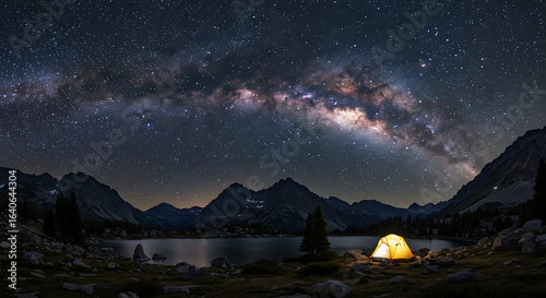 Starry night sky over Mount Shasta and clear alpine lake with tent