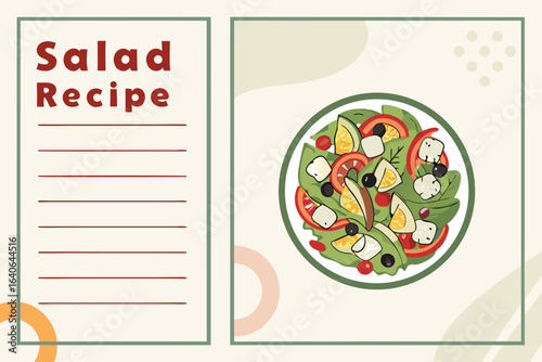Fresh salad recipe card with ingredients illustration and blank lines for writing your favorite salad preparations
