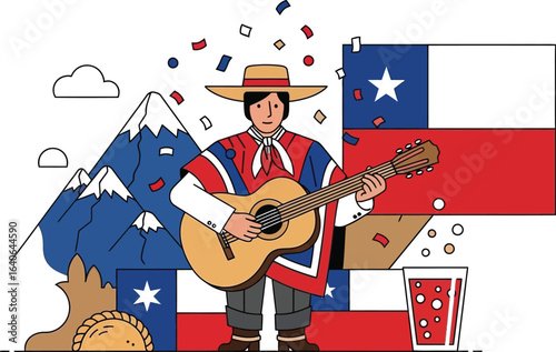 Chilean man plays guitar celebrating national holiday festivity