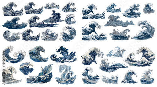 Collection of ocean wave illustrations inspired by Japanese art, ink and watercolor style sea waves, splash, and storm patterns.