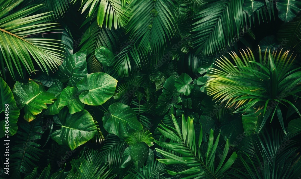 Fototapeta premium Lush tropical green foliage dense jungle leaf texture background pattern