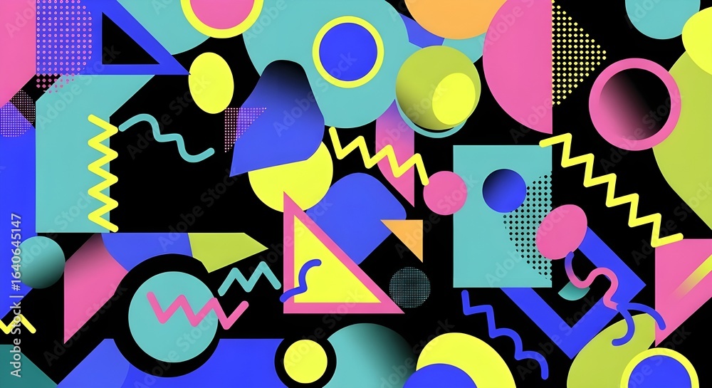 Fototapeta premium Colorful geometric shapes on a black background creating a vibrant and dynamic abstract design style