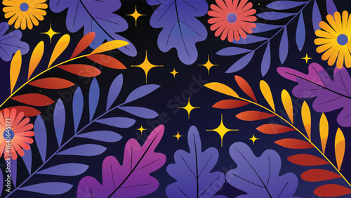 Colorful floral arrangement with purple leaves orange flowers and sparkling stars on a dark background