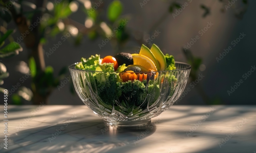 Naklejka premium Fresh vegetable salad in crystal bowl with natural sunlight and shadows