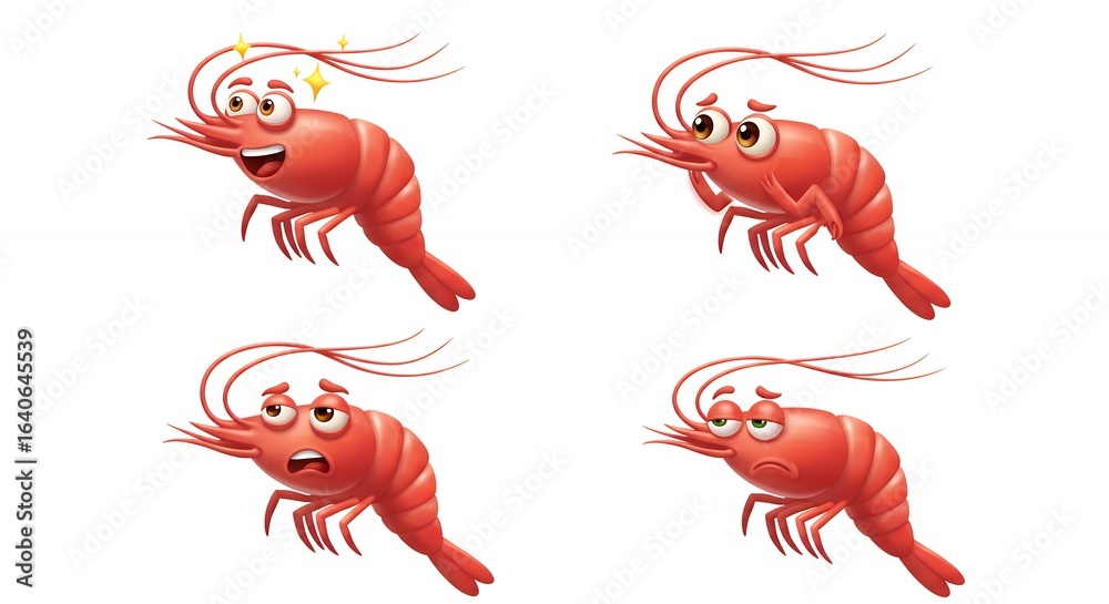 Naklejka premium Cartoon shrimp characters set expressions