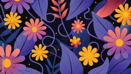 Wallpaper Mural Illustration of a dark floral background with purple leaves and colorful flowers pattern design Torontodigital.ca