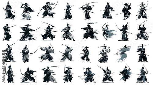 Ink painting of samurai warriors in dynamic sword fighting poses, traditional Japanese martial arts silhouette illustration set.