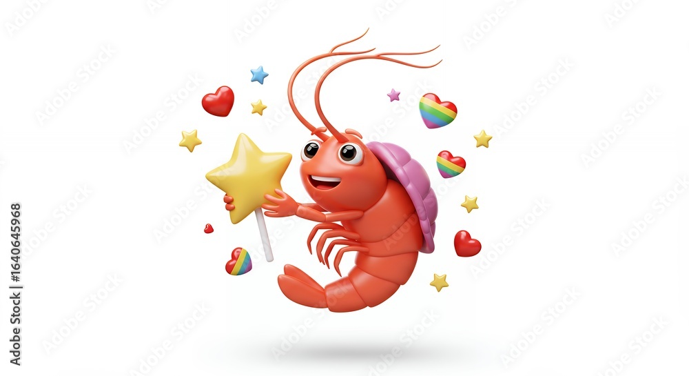 Naklejka premium Cartoon shrimp holding star wand