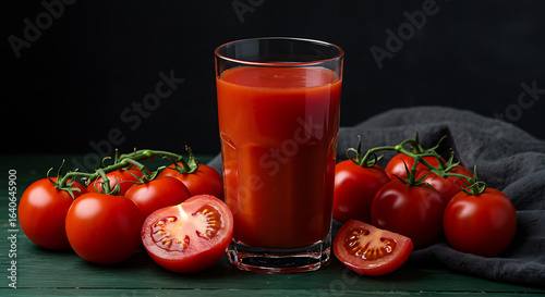 Fresh ripe tomatoes and glass of tomato juice on dark wooden table