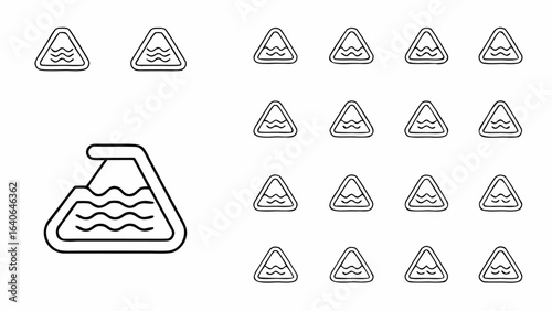 Collection of triangular water hazard signs with one larger pool illustration on the left side