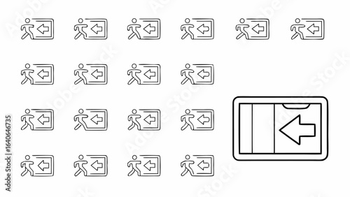 Depiction of multiple emergency exit signs with a person running towards an arrow on a white background
