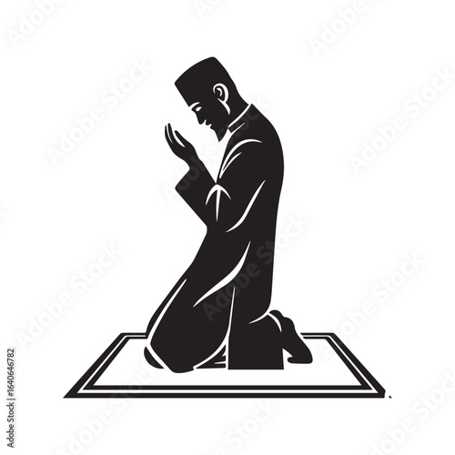 Silhouette of a Muslim man praying, kneeling on a prayer mat. Islamic worship, Salah, and Dua vector icon for Ramadan.
