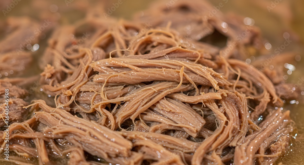 Close-up of Tender Shredded Cooked Meat in Broth Close-up of Tender Shredded Cooked Meat in Broth