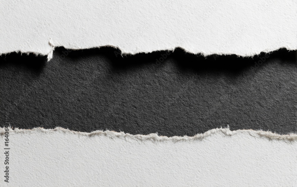 Torn white paper reveals dark gray background creating a textured contrast Torn white paper reveals dark gray background creating a textured contrast