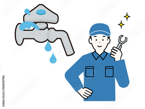 蛇口の水漏れを修理する水道屋のイラスト。水道工事を行う作業着の男性のイラスト。
