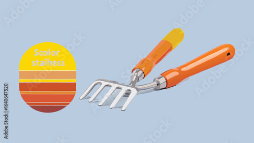 garden rake with orange and yellow handles and a color palette on the left side