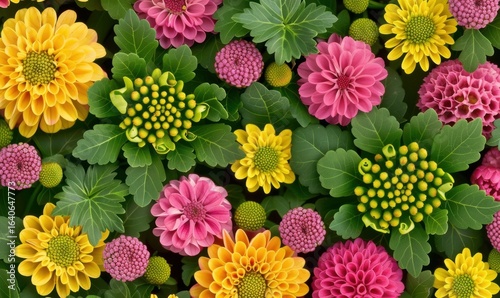 Overhead view of colorful chrysanthemum flowers and green leaves abundance