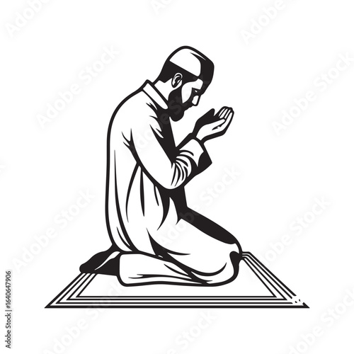 Silhouette of a Muslim man praying, kneeling on a prayer mat. Islamic worship, Salah, and Dua vector icon for Ramadan.
