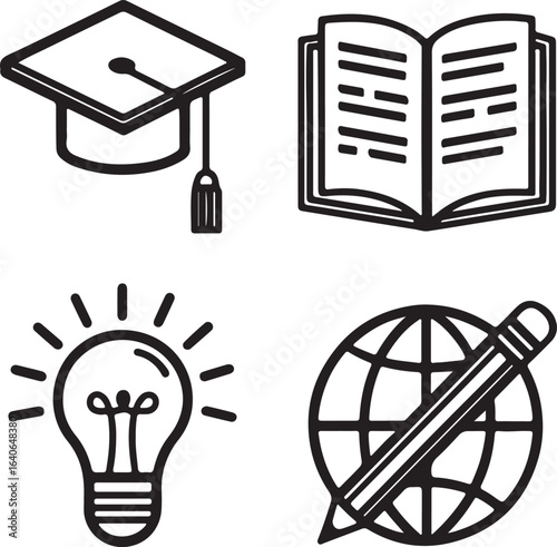 Education elements Vector line art icons set. Education elements, higher education, vocational training, adult education and more outline icons using black color. Editable linear vector 