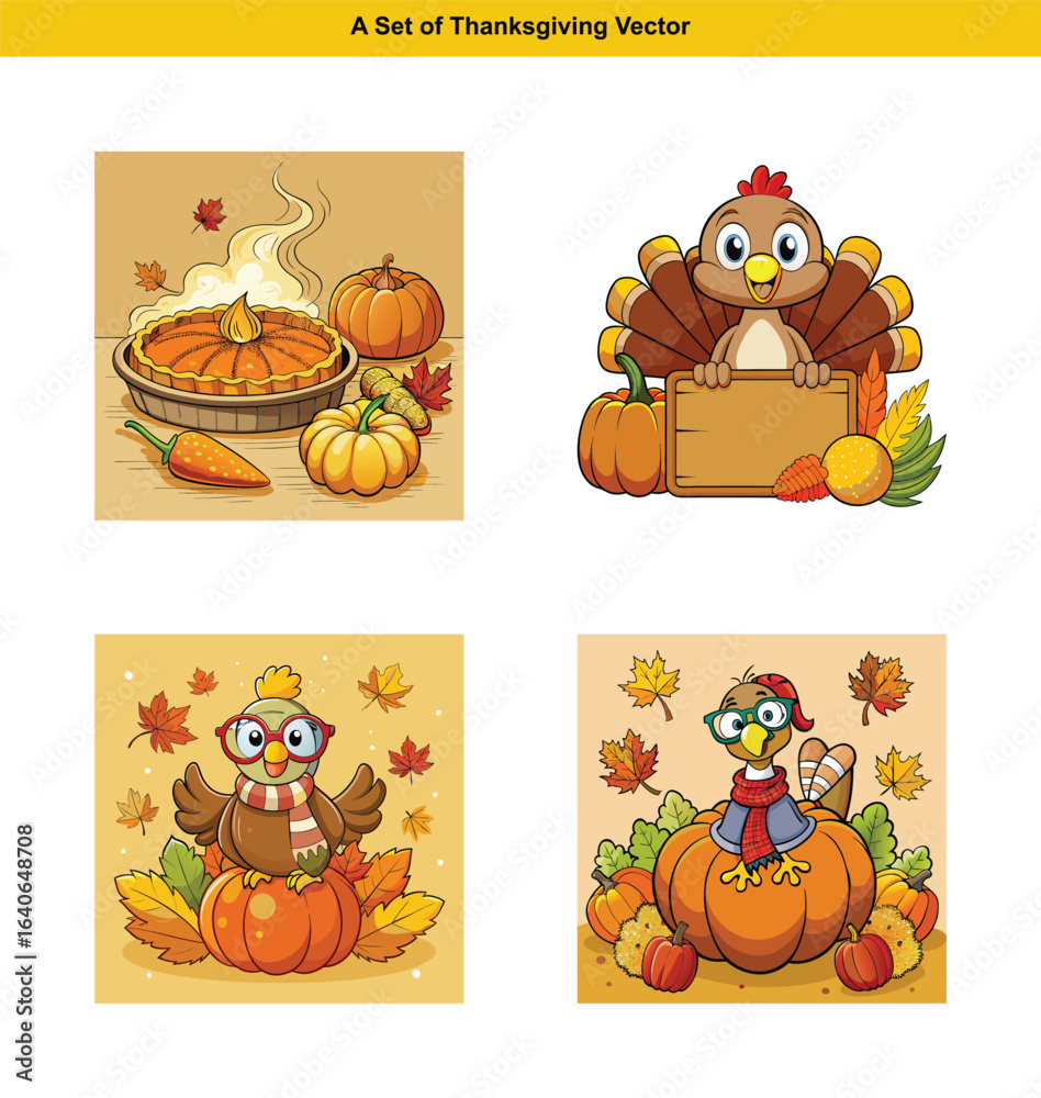 Naklejka premium A Charming Collection of Thanksgiving Thanksgiving Day Themed Cartoon Illustrations in Vector Format