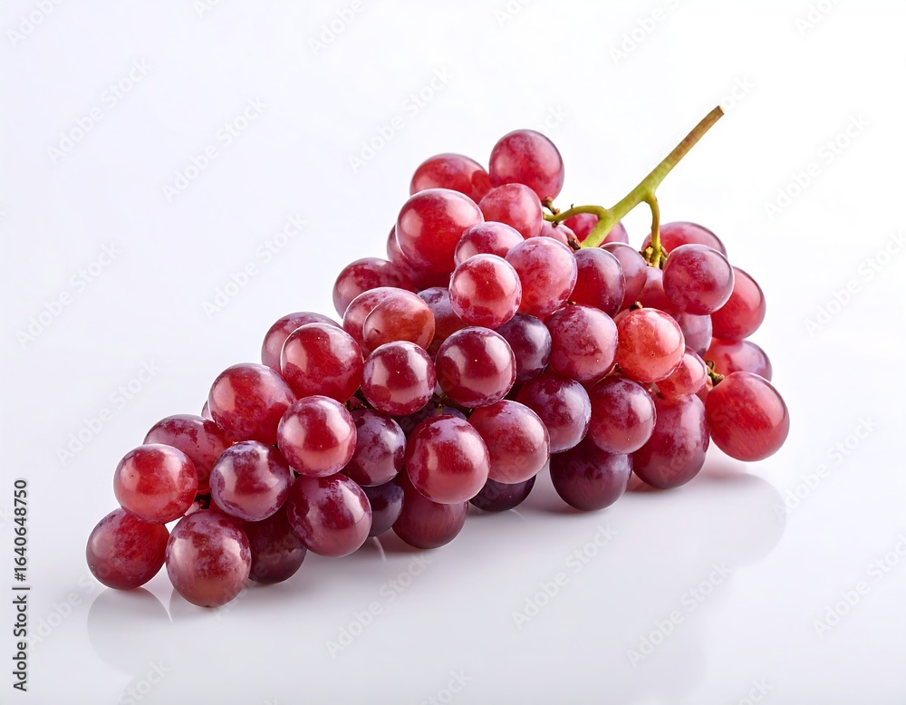 Fototapeta premium A bunch of red grapes rests on a reflective white surface