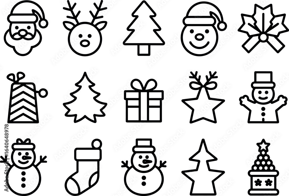 Naklejka premium Collection of festive christmas icons including santa claus reindeer snowman and gifts