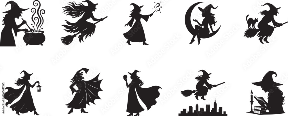 Obraz premium Set of Witch Silhouettes – Halloween Magic and Fantasy Elements