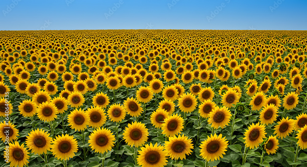 Obraz premium Vibrant sunflower field under a clear blue sky full of sunshine