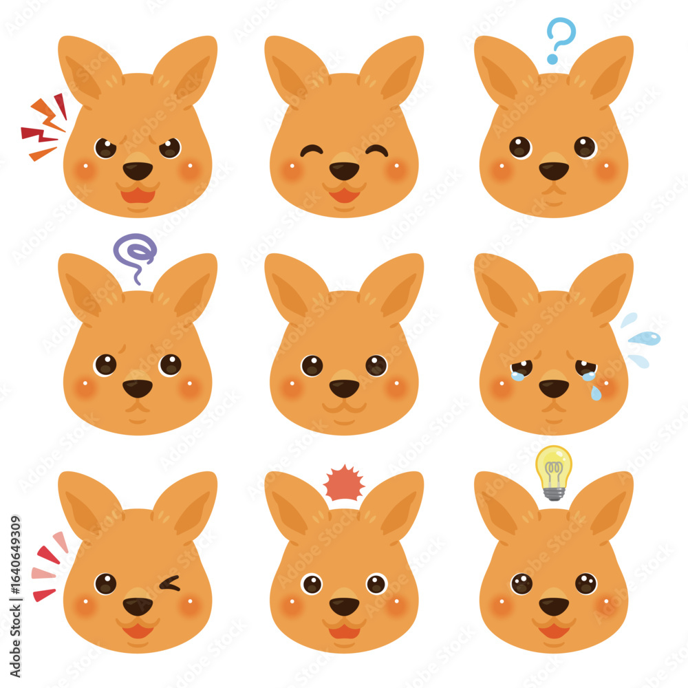 Fototapeta premium カンガルーのイラストセット 顔表情のみ