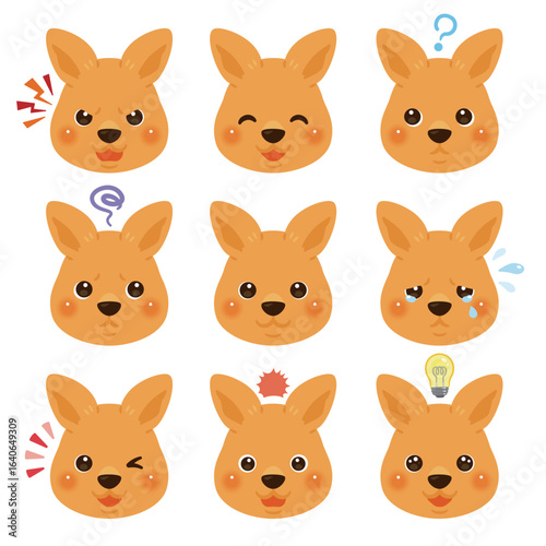 カンガルーのイラストセット　顔表情のみ