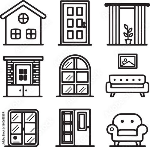 Housing elements Vector line art icons set. Housing elements, Affordable housing, homelessness prevention and more outline icons using black color. Editable linear vector and illustration