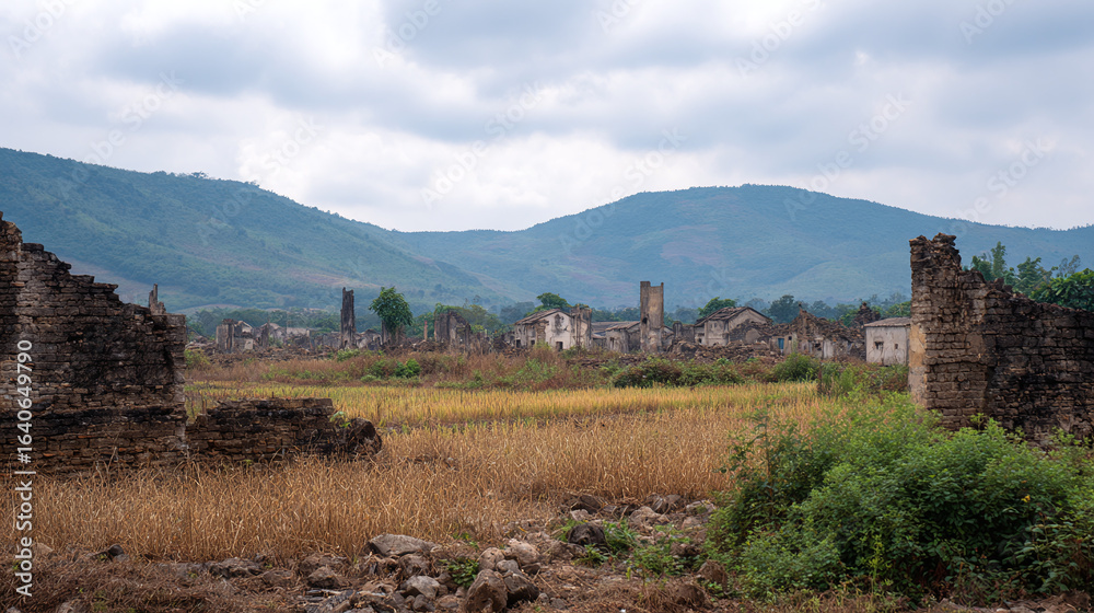 Naklejka premium Exploring the Ruins of an Abandoned Village: The Beauty of Nature and Decay in Serene Mountain Landscapes