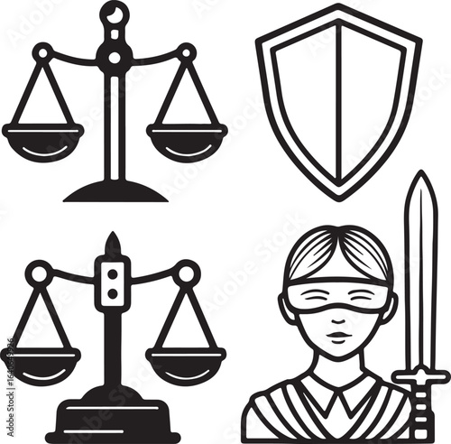  Justice elements Vector line art icons set. Justice elements, Criminal justice, access to legal aid and more outline icons using black color. Editable linear vector and illustration