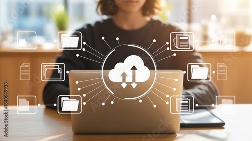 Cloud Computing - A woman at a laptop with a glowing cloud icon and a network of folders and files, symbolizing data transfer and storage