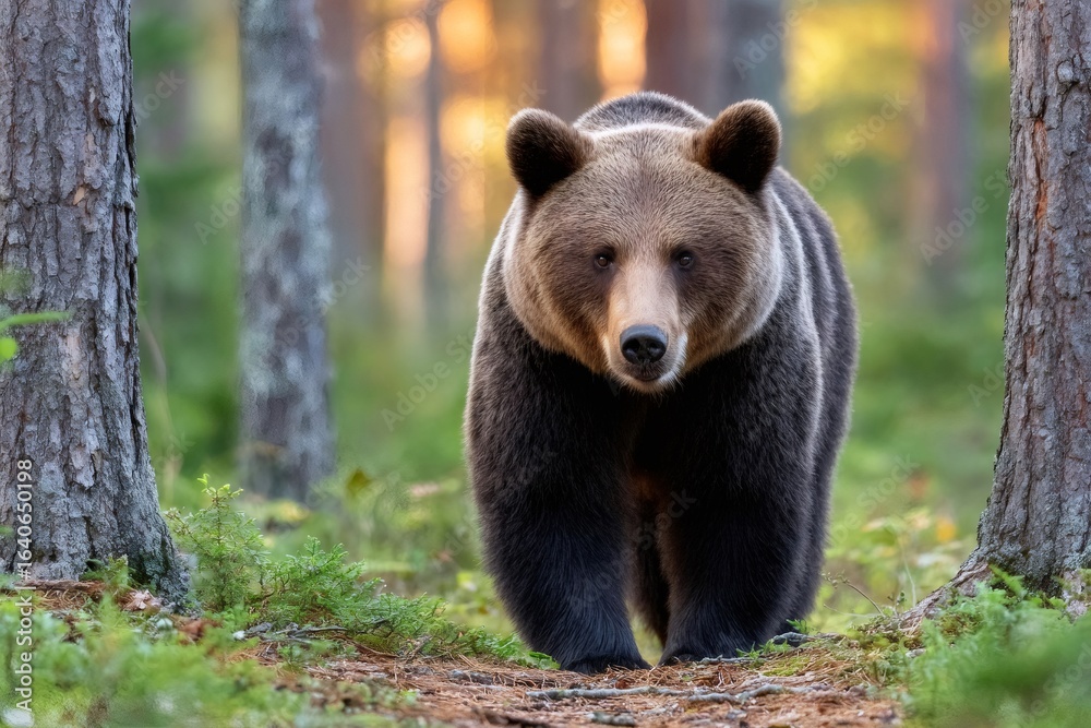 Fototapeta premium Brown bear walking in forest during golden hour sunlight