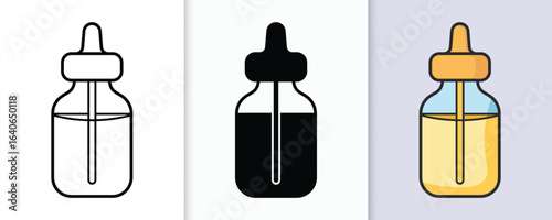 Three essential oil dropper bottles in line art solid fill and colored representations