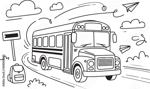 School Bus Line Drawing Vector – Black and White Road Scene with Backpack, Clouds, and Paper Airplanes