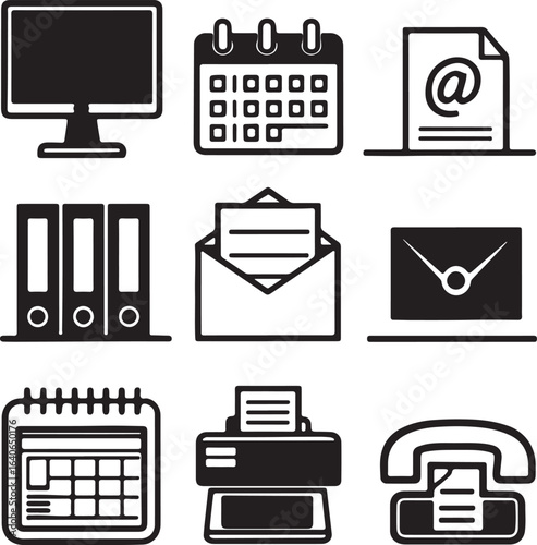 Office workspace Vector line art icons set. Office workspace, Desktop, Calendar and more outline icons using black color. Editable linear vector and illustration.