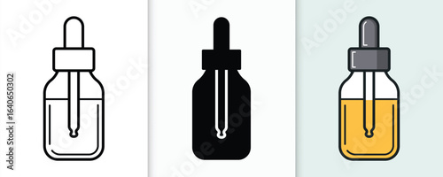 Set of three dropper bottles for essential oils cosmetics and serums isolated icons