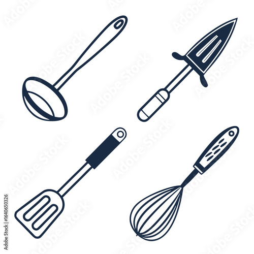 A collection of four essential kitchen utensils including a ladle spatula whisk and a unique pointed tool all depicted in a simple clean line art style