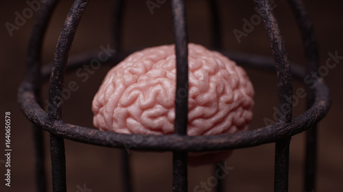 Exploring the Constraints of Creativity: A Surreal Depiction of the Brain in a Cage, Symbolizing the Inner Battles of the Mind and the Quest for Freedom.